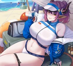 1girls 2022 animal_ears arknights bare_shoulders beach beach_ball belly belly_button bicep_bracelet big_breasts big_thighs blue_clothing box bracelet breasts breasts_bigger_than_head busty covered_breasts cow_ears cow_girl cow_horns crop_top curvaceous curved_horns curves curvy curvy_body curvy_female curvy_figure curvy_hips day ear eyebrows eyebrows_visible_through_hair eyelashes eyelashes_visible_through_hair fingerless_gloves giant_breasts gloves happy hi_res highres hips holding holding_object holding_water_bottle horns hourglass_figure huge_breasts huge_thighs jacket jacket_on_shoulders jacket_open jacket_partially_removed kanta_(kanta_077) lantern large_breasts large_thighs legs light-skinned_female light_skin long_ears looking_at_viewer massive_breasts massive_thighs midriff navel open_jacket open_mouth open_smile outdoors ponytail purple_hair sand seductive seductive_eyes seductive_gaze seductive_look seductive_pose seductive_smile short_hair short_hair_with_long_locks sideroca_(arknights) sideroca_(light_breeze)_(arknights) sitting slim slim_waist smile smiling smiling_at_viewer stomach string_panties thick_legs thick_thighs thigh_strap thighs visor_cap voluptuous waist wasp_waist water water_bottle white_panties wide_hips wide_thighs yellow_eyes rating:Questionable score:121 user:WinnebagoMusket