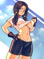 1girls abs babus_games big_breasts black_hair blue_eyes braless breasts cameltoe casual clothing dragon_ball female fingerless_gloves human long_hair muscular_female navel nipples no_bra one_breast_out pale_skin pussy_visible_through_clothes shirt_lift shorts solo sportswear sweat sweat_fetish sweaty sweaty_body tagme twintails underboob videl rating:Explicit score:286 user:deleted8933