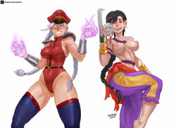 2girls abs alternate_costume alternate_hairstyle armband armpits art_with_a_side_of_fries artist_name awasof bangs barefoot belt black_eyes black_hair black_thighhighs blank_eyes braid breasts cammy_white cammy_white_(cosplay) capcom chun-li claw_(weapon) commentary_request commission cosplay covered_nipples crossdressing crossplay dated earrings evil_grin evil_smile female female_only fire genderswap_(mtf) glowing glowing_eyes grin hat highleg highleg_leotard holding holding_mask impossible_clothes jewelry large_breasts legs leotard licking_lips long_braid long_hair looking_at_viewer m_bison mask mask_removed midriff military military_hat military_uniform multiple_girls muscular muscular_female navel nipples official_alternate_costume pants patreon_logo patreon_username peaked_cap red_leotard rule_63 sash shoulder_pads sideboob signature simple_background single_braid skin_tight smile street_fighter street_fighter_iv tattoo thick_thighs thigh_gap thighhighs thighs thong_leotard tight tongue tongue_out topless topless_cosplay turtleneck twin_braids uniform vega_(street_fighter) vega_(street_fighter)_(cosplay) very_long_hair weapon white_background white_eyes white_hair rating:Explicit score:59 user:bot