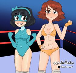  black_hair glasses_yanagi_(spicybarmaiden) junia_merric_(spicybarmaiden) red_hair short_hair spicybarmaiden wrestling wrestling_outfit  rating:questionable score: user:spicybarmaiden