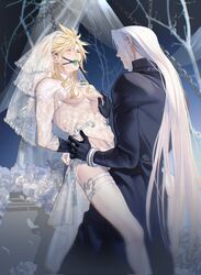 2boys ball_gag black_coat black_gloves blonde_hair blue_eyes breast_grab cloud_strife color crossdressing cuffs detailed_background dress femboy final_fantasy final_fantasy_vii gag gay gloves hands_behind_back hands_tied long_hair long_sleeves male male/male male_only one_eye_closed pec_grasp pecs sephiroth smile smirk spiky_hair square_enix tagme thighhighs tied_up wedding_dress wedding_veil white_hair wince xianyu341 yaoi rating:Explicit score:147 user:ZGC_xxx