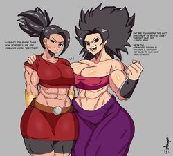 2girls black_hair caulifla colored dialogue dragon_ball dragon_ball_super embo english_text female_only gonzalo_costa grey_background hi_res kale long_hair muscles muscular muscular_female ponytail saiyan speech_bubble talking_to_viewer rating:Questionable score:289 user:!nner$elf89