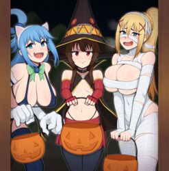 2d 3girls afrobull alternate_costume aqua_(konosuba) big_breasts blonde_hair blue_hair breasts brown_hair darkness_(konosuba) female female_only halloween halloween_costume kono_subarashii_sekai_ni_shukufuku_wo! light-skinned_female light_skin long_hair medium_breasts megumin multiple_girls pale-skinned_female pale_skin pov small_breasts stockings witch_hat rating:Explicit score:1325 user:LordNice