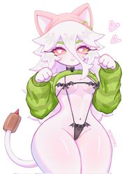 1girls anthro bat_bikini cat_ears cat_pose cattail_(chikomokii) cattail_(pvz) chikomokii feline female female_only heart-shaped_pupils hi_res legs_together long_hair looking_at_viewer pink_eyes plantie plants_vs_zombies pose sling_bikini smiling smiling_at_viewer solo sweater sweater_lift tail thick_thighs white_background white_hair wide_hips rating:Questionable score:360 user:!nner$elf89