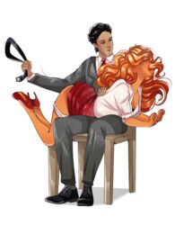 1boy 1boy1girl 1girls belt dress_raised_for_spanking duo female femsub hair_covering_eyes hand_on_back high_heels large_ass large_breasts male maledom master_yanu office office_lady open_mouth over_the_knee_spanking panties_down powerpuff_girls principal punishment red_hair sara_bellum secretly_loves_it simple_background sitting_on_chair skirt_up spanking teacher thick_thighs white_background rating:Explicit score:92 user:dreamydawe85