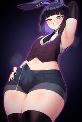 1boy ain(in) animal_ears armpits black_hair bulge cum femboy feminine_male freckles heart legwear light-skinned_male light_skin male male_only nishi_komiya_(nishi-ko) original penis_bulge pink_eyes precum short_hair shorts solo thick_thighs thighhighs thighs tie virtual_youtuber rating:Explicit score:199 user:NishiKomiya