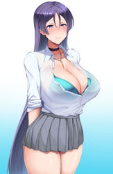 1girls 2020 alternate_version_available arms_behind_back bangs blouse blue_background blue_bra blush bra breasts center_opening choker cleavage closed_mouth collarbone collared_shirt contemporary dantes_ward dress_shirt earrings eyelashes eyeliner fate/grand_order fate_(series) female female_only gradient gradient_background grey_skirt hi_res highres huge_breasts jewelry large_breasts light-skinned_female light_skin lingerie lipstick long_hair long_sleeves looking_at_viewer makeup minamoto_no_raikou_(fate) miniskirt necklace parted_bangs purple_eyes purple_hair see-through shirt skirt sleeves_rolled_up smile solo thighs underwear very_long_hair white_shirt rating:Questionable score:75 user:St1rolvamp3ler