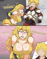 1girls abs armor arms_behind_back bent_over big_breasts blonde_hair blue_eyes blush bodyattk breasts busty child_bearing_hips cleavage dragonslayer_(ship) flirting flustered hands_on_legs hands_on_own_legs hands_on_own_thighs hands_on_thighs jaune_arc large_breasts metal_arm rwby seductive shy smile sports_bra sports_shorts sportswear straight tagme voluptuous yang_xiao_long rating:Questionable score:180 user:Moist_Fist