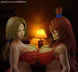 2girls 3d blonde_hair bra breast_docking breast_press breast_to_breast brown_eyes brown_hair busty cleavage cursedmadara docking female female/female female_only green_eyes huge_breasts implied_yuri in_profile lingerie lipstick looking_at_viewer looking_to_the_side makeup mature mature_female mei_terumi multiple_girls naruto naruto_(series) naruto_shippuden panties side_view sideboob tied_hair topknot tsunade twintails underwear upper_body voluptuous yuri rating:Questionable score:75 user:Sexsense