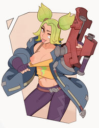 1girls brown_eyes flashing green_hair league_of_legends nipples one_breast_out one_eye_closed partially_clothed presenting smile solo splashbrush standing tongue_out twintails zeri_(league_of_legends) rating:Explicit score:244 user:LukeSkyLuke