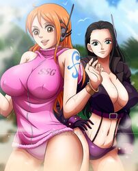 2girls belly belly_button black_hair blue_eyes blurry_background brown_eyes busty cleavage curvy egghead female female_only futuristic headgear jacket nami nico_robin nipple_bulge no_pants one_piece orange_hair panties pink_clothing post-timeskip rakara11 skimpy skimpy_clothes thick_thighs voluptuous rating:Questionable score:196 user:lespam_605