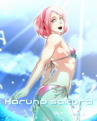 1girls bare_shoulders bikini bob_cut boruto:_naruto_next_generations character_name commentary female female_only green_eyes hair_ornament hairband happy happy_female long_hair looking_at_viewer mature mature_female midriff milf naruto naruto_(series) open_mouth open_smile outdoors partially_submerged petite pink_hair saburo_des sakura_haruno side-tie_bikini side_view sideboob small_breasts solo solo_focus sunlight swimsuit text water rating:Questionable score:94 user:Sexsense