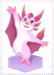  amphibian anthro axolotl bat blush fangs fur green_eyes hair hybrid mammal marine mole_salamander open_mouth pink_body pink_fur pink_hair salamander semi-anthro simple_background smile solo takoto teeth wings zera:_myths_awaken zera_the_axobat  rating:safe score: user:bot