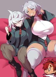 3girls absurdres ahoge alternate_breast_size asticassia_school_uniform black_hairband breast_envy breasts busty clenched_teeth curvaceous dark-skinned_female dark_skin female female_only grey_hair grin gundam gundam_suisei_no_majo hairband highres konno_tohiro large_breasts long_hair miorine_rembran multiple_girls pantyhose red_hair school_uniform secelia_dote short_hair shorts sitting skindentation smile suletta_mercury teeth thick_eyebrows thick_thighs thighhighs thighs tomato voluptuous white_thighhighs yuri rating:Questionable score:247 user:valcye8243