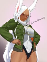 1girls 2022 bunny_ears bunny_girl clothed clothed_female dark-skinned_female female leotard long_hair looking_at_viewer lucisam miruko my_hero_academia red_eyes rumi_usagiyama shounen_jump solo tagme white_hair rating:Questionable score:88 user:Dragon98