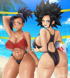 2girls ass beach big_ass big_breasts big_butt breasts bubble_ass caulifla dragon_ball dragon_ball_super female_saiyan francis_slv kale saiyan swimsuit thick_ass thick_butt thick_thighs universe_6 universe_6/universe_7 rating:Questionable score:184 user:mxfix_mxbbin