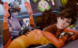  2girls ass ass_grab bodysuit breasts feet horny_female metjid tracer widowmaker  rating:explicit score: user:bot