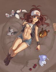 1girls abs ambiguous_gender areolae bag baseball_cap blue_eyes boots breast_slip breasts brown_hair clothed cubchoo cutoffs denim denim_shorts drilbur female furry hat highres hilda_(pokemon) hips holding human long_hair looking_at_viewer lying midriff minccino navel nipples no_bra no_panties one_breast_out open_fly pidove poke_ball pokemon pokemon_bw ponytail pubic_hair sefuart shirt shirt_lift short_shorts shorts smile t-shirt tepig text tied_hair toned unbuttoned underboob undressing unzipped vest watermark web_address whimsicott wide_hips rating:Questionable score:118 user:bot