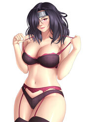 1girls alternate_hairstyle arms_at_sides black_hair blush bra breasts cleavage female female_only garter_belt garter_straps hair_over_one_eye headband konohagakure_symbol kunoichi kurenai_yuhi legwear lipstick long_hair looking_at_viewer makeup mature mature_female midriff milf naruto naruto_(series) naruto_shippuden navel ninja panties red_eyes smile stockings strap_pull taking_off_bra tease teasing thick_thighs underwear undressing voluptuous yuuhi_kurenai zarukiya rating:Questionable score:81 user:Sexsense