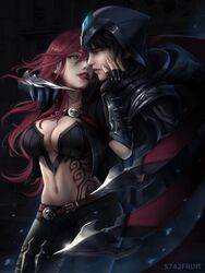 5742fruit breasts green_eyes hand_on_head hood incest katarina_du_couteau league_of_legends lips navel necklace red_hair talon_du_couteau tattoo rating:Explicit score:40 user:Kaydos