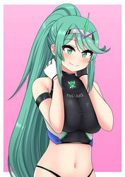 1girls black_panties black_tank_top breasts core_crystal gloves green_eyes green_hair hair_ornament hairband highleg highleg_panties large_breasts looking_at_viewer midriff navel nintendo panties pneuma_(xenoblade) ponytail tank_top the_only_shoe xenoblade_(series) xenoblade_chronicles_2 rating:Explicit score:44 user:gusat