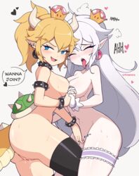 2girls belly_button blonde_hair blue_eyes boosette bowsette bracelet breast_to_breast breasts breasts_to_breasts cremanata female fingering hair_between_eyes lesbian_sex looking_at_viewer mario_(series) new_super_mario_bros._u_deluxe open_mouth pale-skinned_female pale_skin pussy pussy_juice pussy_juice_drip super_crown tail tongue_out white_hair yuri rating:Explicit score:631 user:Tricco