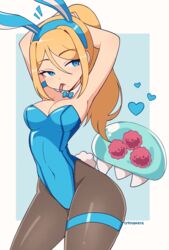 blonde_hair bunny_ears bunnysuit cremanata metroid metroid_(creature) ponytail samus_aran rating:Questionable score:171 user:Tricco