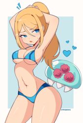 bikini blonde_hair cremanata metroid metroid_(creature) ponytail samus_aran tagme rating:Questionable score:119 user:Tricco