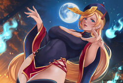 1girls big_breasts breasts exlic female female_only guilty_gear halloween_costume jiangshi jiangshi_costume large_breasts looking_at_viewer millia_rage solo thick_thighs rating:Explicit score:47 user:justausername