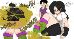 1boy 1girls bandage big_ass big_butt bike_shorts black_hair blue_eyes bubble_butt dragon_ball dragon_ball_z english_text fart fart_cloud fart_fetish farting melissaalli rear_view shorts son_gohan spats sweat text thick_thighs videl white_background rating:Explicit score:46 user:anon84048