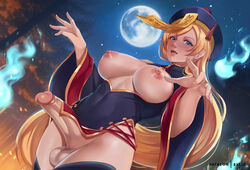 1futa 2022 areolae balls big_breasts big_penis blonde_hair blue_eyes breasts cleavage clothed clothing detailed_background dutch_angle erection exlic functionally_nude futa_only futanari guilty_gear halloween hat hip_vent human large_breasts light-skinned_futanari light_skin long_hair looking_at_viewer low-angle_view millia_rage nipples ofuda partially_clothed pelvic_curtain penis solo standing testicles thick_thighs thighhighs wide_hips rating:Explicit score:183 user:justausername