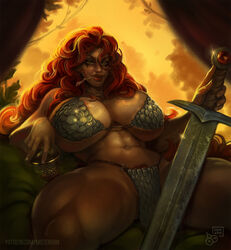 armor bikini_armor chainmail_bikini cup curly_hair freckles freckles_on_breasts gigantic_breasts huge_breasts huge_thighs legs_spread lipstick long_hair looking_at_viewer makeup metal_bikini mister69m muscular_female pubic_hair red_hair red_lipstick red_sonja red_sonja_(comics) smile smirk straw_in_mouth sword tagme thick_thighs rating:Questionable score:120 user:deleted102546