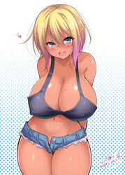 1girls artist_name artist_signature bakunyuu bare_shoulders bashful belly_button birthmark black_crop_top black_shirt black_tank_top blonde_female blonde_hair blonde_hair_female blue_denim blue_denim_shorts blue_eyes blue_eyes_female blue_shorts blush blushing_at_viewer braless breasts breasts_bigger_than_head bursting_breasts c.r. cleavage covered_erect_nipples crop_top cropped_tank_top curvaceous denim_shorts female female_only ganguro gyaru heart hi_res high_resolution highres hourglass_figure huge_breasts huge_cleavage huge_nipples jean_shorts kogal kuro_gyaru light-skinned_female light_skin looking_at_viewer micro_shorts mole mole_on_breast multicolored_hair navel no_bra no_panties oerba_yun_fang open_clothes open_shorts original pantyless pink_hair pink_hair_female polka_dot polka_dot_background shiny_body shiny_breasts shiny_hair shiny_skin short_hair short_hair_female short_shirt short_shorts shorts shy shy_smile skin_fang solo streaked_hair sweatdrop sweaty_body sweaty_breasts tan tan_skin tank_top tanned tanned_female tanned_girl tanned_skin thick_eyelashes thick_thighs two_tone_hair unbuttoned unbuttoned_shorts upper_body voluptuous voluptuous_female wide_hips rating:Explicit score:126 user:ron50