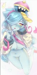 1girls 6yoshi9 blue_hair blue_skin brawl_stars breasts clothed colette_(brawl_stars) cravat cute ghost_girl half_nude hat hat_with_mouth inspector_colette monster_hat open_mouth pussy ticket tie vagina yellow_eyes rating:Explicit score:182 user:strrmn37