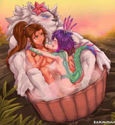 1boy 2girls anthro anthro_on_female anthro_on_human ass bath blush hair_ornament human_female league_of_legends neeko nidalee nonhuman_male_on_human_female nude rammionn rengar smile tail water rating:Explicit score:87 user:LukeSkyLuke