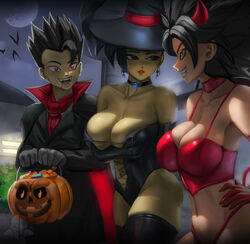 1boy 2girls big_breasts breasts busty cabba caulifla cleavage clothing costume demon demon_girl dragon_ball dragon_ball_super elitenappa fangs female female_saiyan halloween hat horns huge_breasts kale large_breasts male red_eyes saiyan thick_thighs thighhighs vampire wide_hips witch witch_hat yellow_eyes rating:Questionable score:243 user:Rex_Hollins