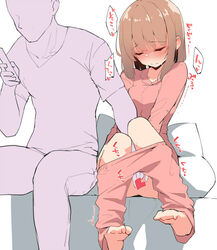 1boy bangs barefoot blush brown_hair censored closed_eyes closed_mouth female fingering heart heart_censor long_sleeves original pajamas pink_pajamas short_hair simple_background sitting soles straight terazip white_background rating:Explicit score:129 user:bot