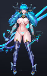 ankle_bow ankle_cuffs ass_visible_through_thighs asymmetrical_legwear badcompzero blue_eyes blue_hair blue_lingerie blue_tattoo cleavage curvy drill_hair earrings exposed_breasts exposed_nipples exposed_pussy exposed_torso female female_only gloves glowing_tattoo gwen_(league_of_legends) hourglass_figure large_breasts league_of_legends looking_at_viewer needle nipples pubic_tattoo pussy revealing_clothes scissor_blade smile stockings tattoo thigh_gap thighhighs twin_drills twintails unusual_pupils weapon weapons rating:Explicit score:151 user:Liberius1