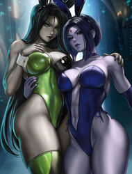 2022 2girls big_breasts breasts bunny_ears bunny_girl cleavage dandon_fuga dc dc_comics disney disney_channel goth goth_girl green_eyes green_hair grey_skin impossible_clothes jewelry kim_possible large_breasts latex_leotard long_hair medium_breasts punk purple_hair rachel_roth raven_(dc) realistic shego short_hair superheroine teen_titans thighhighs violet_hair rating:Questionable score:326 user:Dragon98