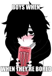  1boy :>= ahoge ai_generated black_hair black_hoodie black_nails black_thighhighs blush collarbone doomer_boy edit energy_drink english_text eyeshadow femboy from_above hair_covering_eye hair_over_one_eye kneeling looking_up mahiroka male meme messy_hair monochrome monster_energy nervous on_floor one_eye_obstructed pale-skinned pale_skin pleading self_upload signature skindentation solo spot_color thick_thighs thighhighs white_background  rating:questionable score: user:bot