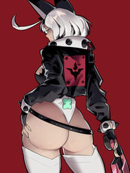 big_ass elphelt_valentine female guilty_gear guilty_gear_xrd gun hand_on_ass jacket looking_back red_background skullworms spiked_bracelet standing teal_eyes thighhighs white_hair rating:Explicit score:144 user:CoomSlayer1993