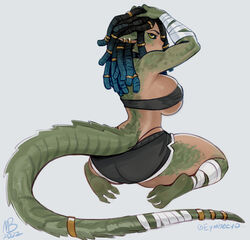 1girls 2022 3_toes anthro ass back_view bandaged_arm bandaged_leg bandaged_tail big_breasts black_hair black_sclera blue_highlights buwaya_(perrincatte) countershading crocodile_tail crocodilian dreadlocks earrings eymbee female female_only green_skin hands_on_head kneeling light_skin looking_at_viewer looking_back pointy_ears shorts sideboob solo tail tail_ring thick_thighs topwear white_background yellow_eyes rating:Questionable score:120 user:!nner$elf89