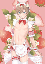 1boy animal_ears apron blue_eyes blush blush_lines blushing_at_viewer bow bowtie bridal_garter collarbone cowboy_shot crossdressing dated detached_sleeves earrings femboy feminine feminine_male food frills fruit jewelry looking_at_viewer maid_apron maid_headdress male male_focus male_only navel nipples original otoko_no_ko otokonoko panties parted_lips potti-p red_panties reverse_panties shiny shiny_hair shiny_skin short_hair short_sleeves solo solo_focus solo_male strawberry strawberry_blossoms teeth thighhighs thighs trap twitter_username underwear waist_apron white_apron white_thighhighs rating:Explicit score:79 user:WopieDopie