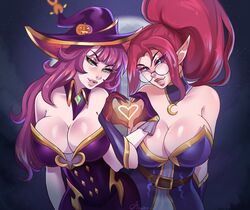 2girls bewitching_janna bewitching_nami big_breasts blush clothed clothing female female_only glasses gloves green_eyes halloween harrowing_series heart heart-shaped_pupils janna_windforce league_of_legends light-skinned_female light_skin lipstick long_hair mambolina nami_(league_of_legends) pink_hair pointy_ears purple_eyes purple_hair tales_from_the_rift_series witch witch_hat rating:Explicit score:259 user:PurpleLepus