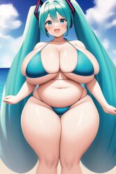 ai_generated aqua_eyes beach beach_towel bikini blue_bikini blue_eyes busty chubby chubby_female curvaceous curvy curvy_figure fat female female_only happy hatsune_miku hourglass_figure light-skinned_female light_skin looking_at_viewer nai_diffusion open_mouth slightly_chubby stable_diffusion thick_thighs twintails very_long_hair vocaloid wide_hips rating:Questionable score:116 user:BobycatXD