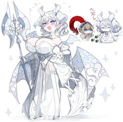  big_breasts demon_girl demon_horns demon_wings dress duel_monster hand_on_hip horns huge_breasts labrynth_of_the_silver_castle looking_at_viewer lovely_labrynth_of_the_silver_castle mato_tsuyoi pale-skinned_female pale_skin pointy_ears purple_eyes shortstack weapon yu-gi-oh!  rating:questionable score: user:yuron