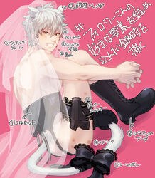 alternate_costume bite_mark bite_marks blood blush boots bridal_veil cat_ears cat_tail catboy corset crossdressing full_body garter garter_straps gintama gintoki_sakata grin gun gun_holster hickey hickey_marks japanese_text lingerie looking_at_viewer looking_back male male_only no_underwear nosebleed pale-skinned_male pale_skin pink_background sitting smile solo toned toned_male topless topless_male tttttengo veil weapon white_fur white_hair rating:Questionable score:6 user:deleted101928