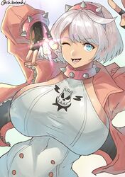 1girls alternate_breast_size big_breasts chikoinochi elphelt_valentine guilty_gear guilty_gear_strive hourglass_figure huge_breasts leotard light-skinned_female looking_at_viewer slim_waist solo wide_hips wink rating:Questionable score:153 user:Kinkinator26