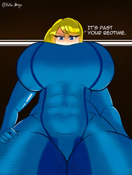 1girls abs big_breasts katsu_mega looking_down_at_viewer metroid samus_aran text thick_thighs tomboy zero_suit_samus rating:Explicit score:70 user:Galoshion