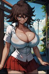 1girls ai_generated big_breasts breasts breasts_bigger_than_head brown_hair cleavage collarbone danganronpa danganronpa_2:_goodbye_despair grey_eyes huge_breasts large_breasts medium_hair messy_hair outdoors outside owari_akane red_skirt shirt short_hair short_skirt short_sleeves smile stable_diffusion tampopo white_shirt rating:Questionable score:57 user:Tampopo